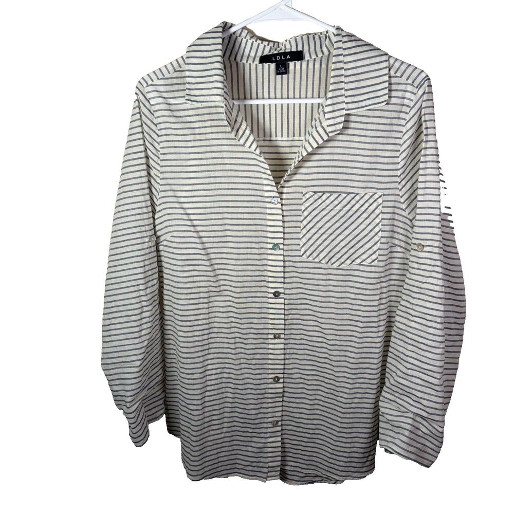 LDLA Shirt Women's Large Striped Button Up Collared Casual 3/4 Sleeve Top